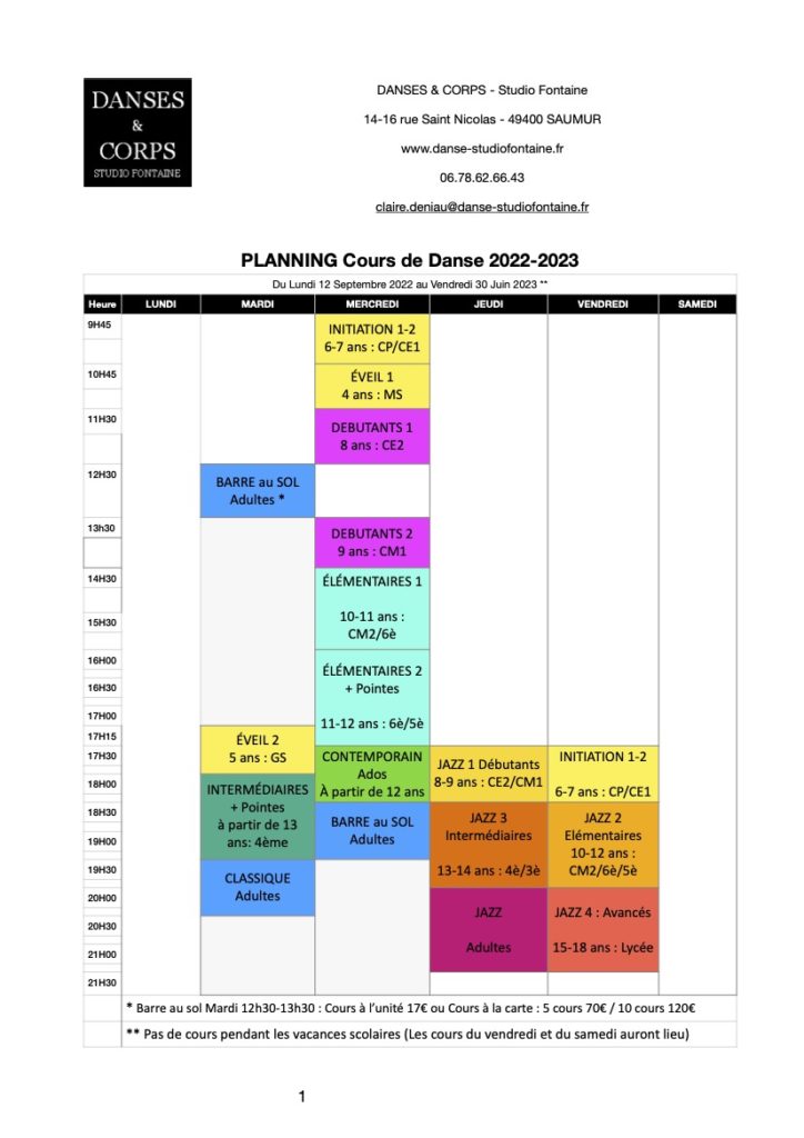 Planning 2022-2023 Danses&Corps/école de danse/salle de danse/cours de danse/Saumur